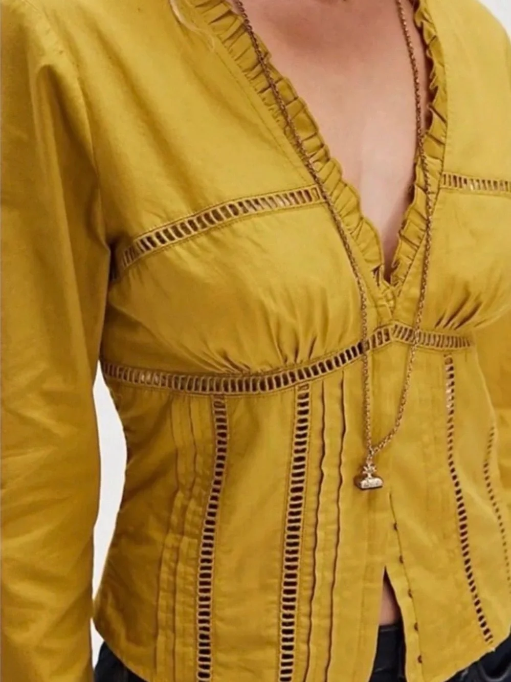 Free People Frankie Blouse Pale Chartreuse V-Neck Clasp-Front Blouse